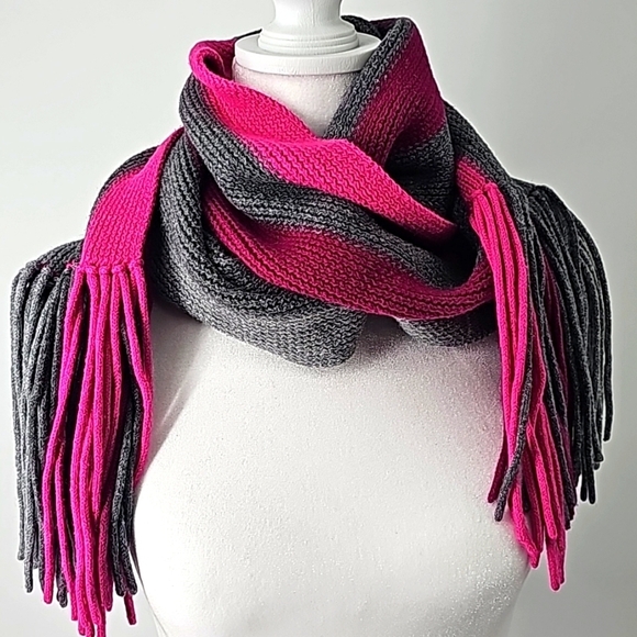Lands' End Long Knit Scarf with Fringe Shades of Gray & Pink Stripes - Picture 1 of 7
